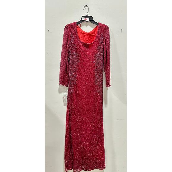 Chaudry Red Beaded Silk Chantilly Gown - Picture 2 of 5
